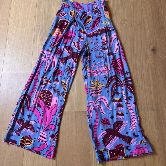 New Farm Rio Blue Tropical Satin Print Wide Leg Pants XS $178 New - Picture 4 of 6
